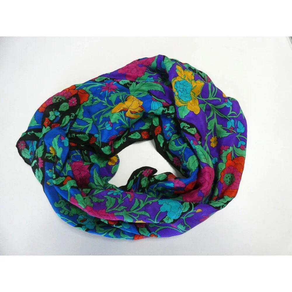 Vintage Japan Hand Rolled Silk Scarf Bright Multicolored Floral Black 30